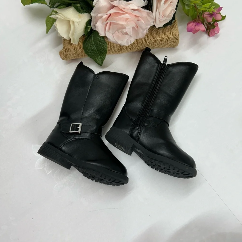 OshKosh B'gosh Black Mid-Calf Kids Zip Boots with Buckle Accent